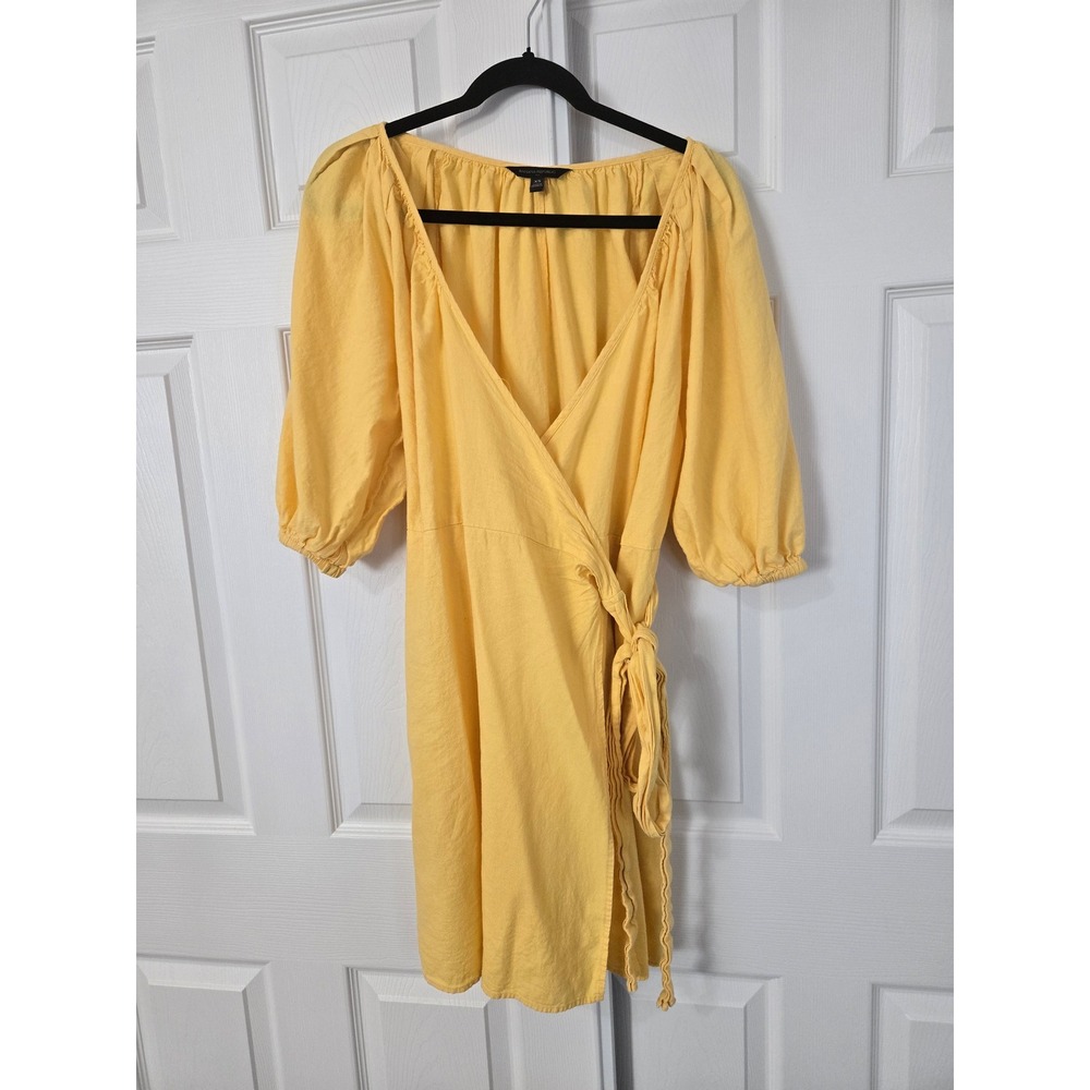 Banana Republic Yellow Linen Blend Puff Sleeve Wrap Dress Womens XS Solid V-Neck